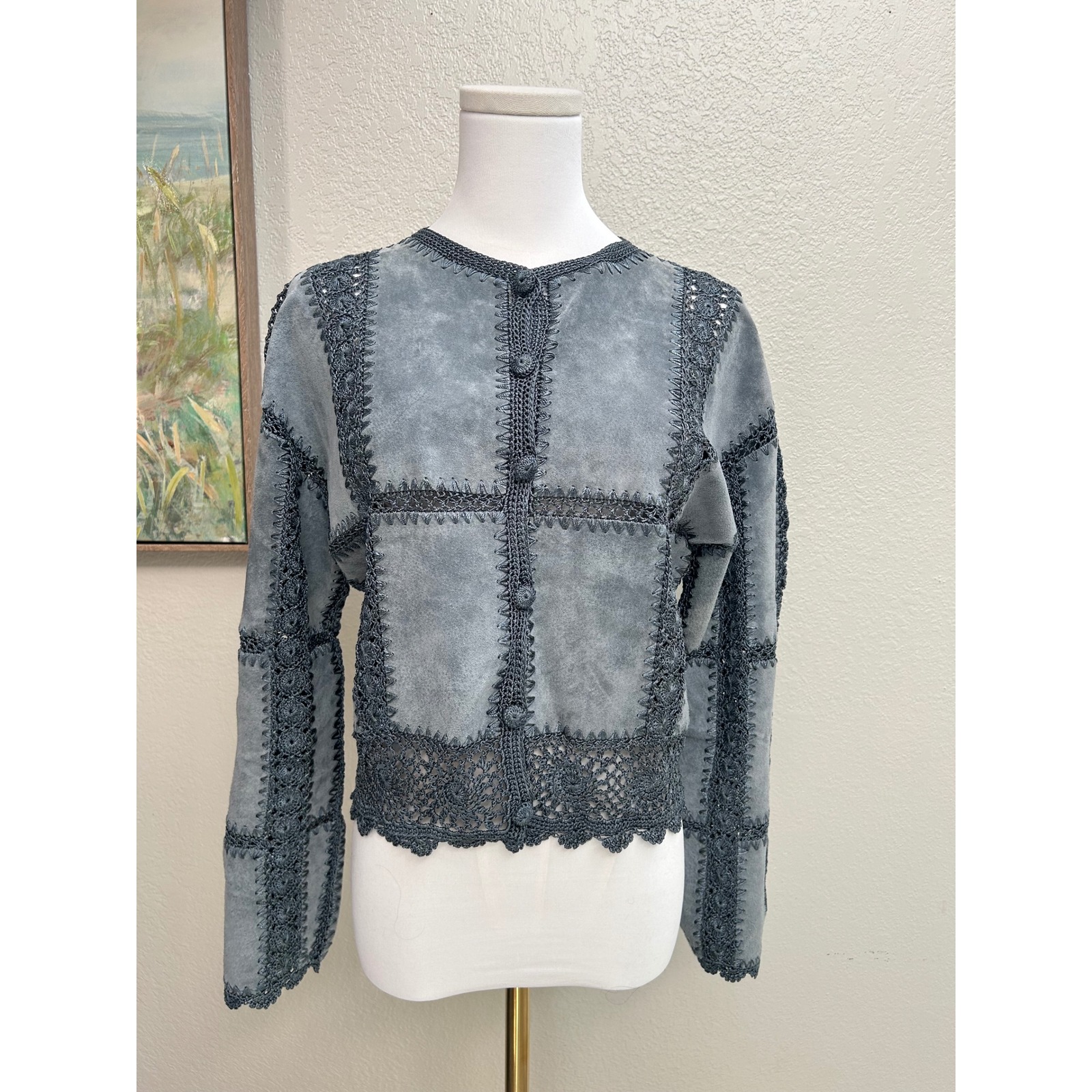 Overland Leather Crochet Patchwork Button Front Jacket Boho Western Size 6